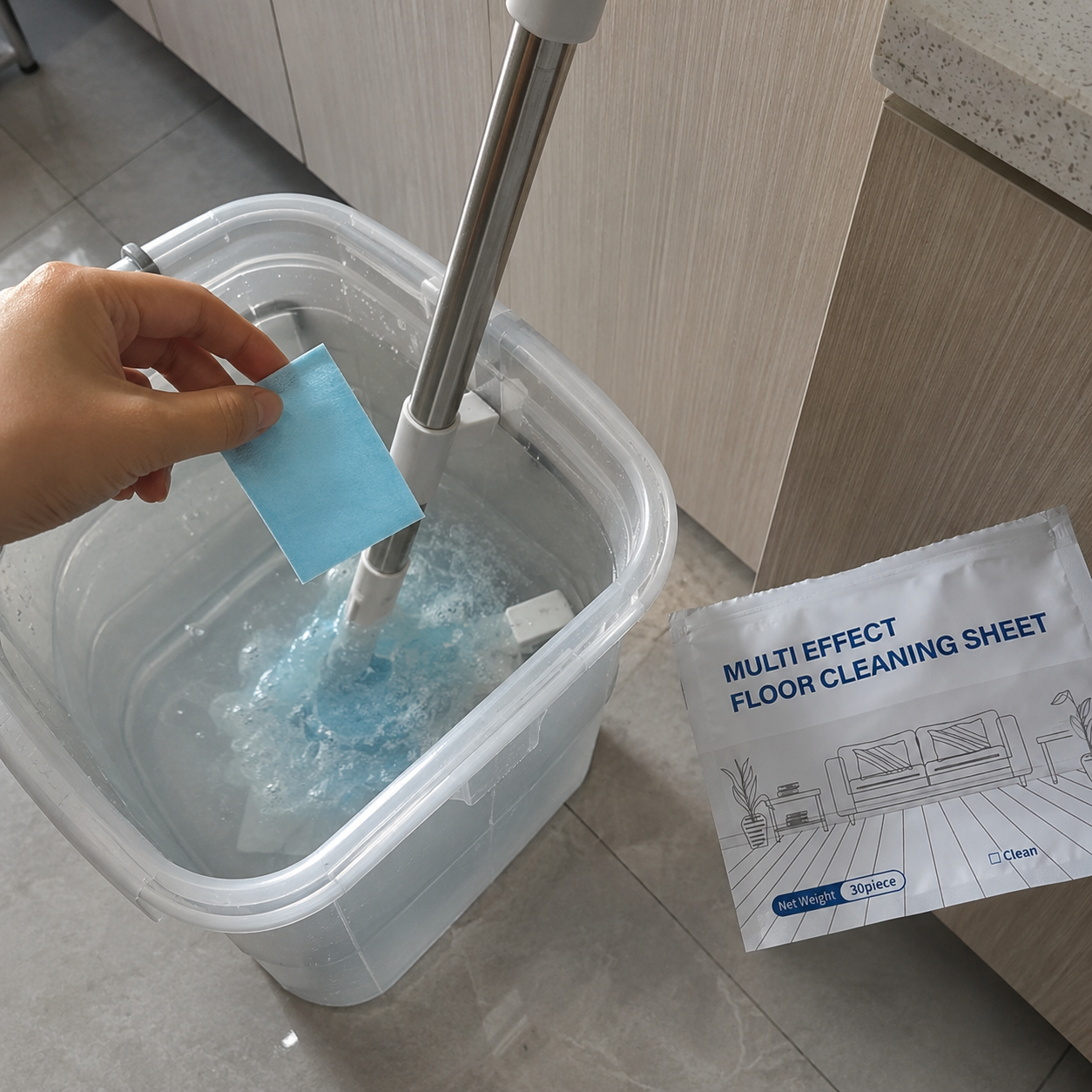 Floor cleaning sheet next to mop