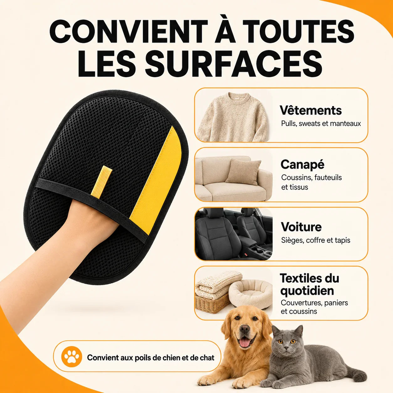 Pet hair removal glove used across clothing sofa vehicle and household textiles
